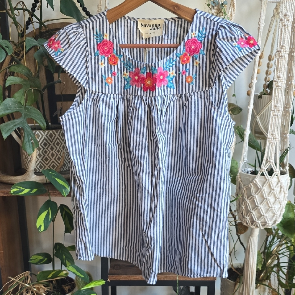 Savanna Jane Blue Striped Dress with Pink Floral Embroidery